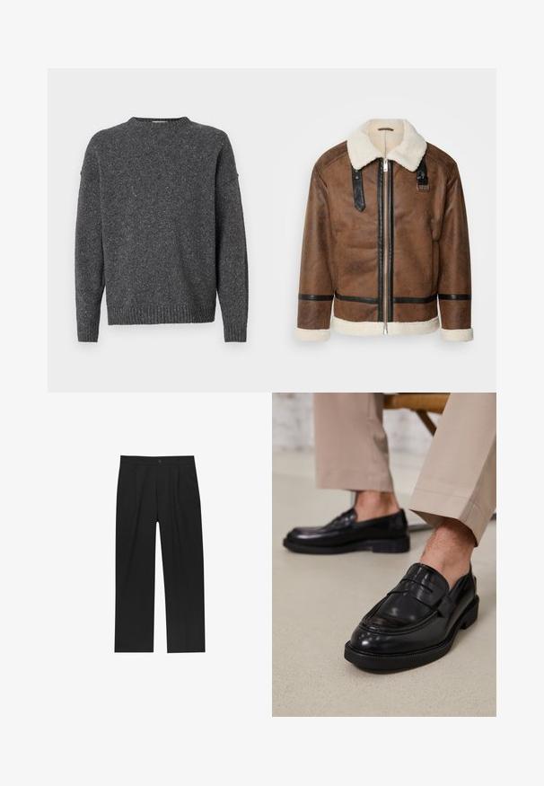 Hnědá kožená bunda s černými akcenty a límcem z ovčí vlny. Obsahuje přední zip a detaily na ramenním popruhu. Texturovaný povrch.; Tmavě šedý svetr s barevnými skvrnami, dlouhými rukávy, kulatým výstřihem a žebrovanými manžetami a spodním lemem, vystavený na bílém pozadí.; Černé kalhoty s rovnými nohavicemi, vyrobené z hladké tkaniny. Mají přední záhyby a jedno knoflíkové zapínání v pase.; Černé kožené loafers s hladkým povrchem, zdobené páskem a kontrastním prošíváním, spárované s béžovými kalhotami.