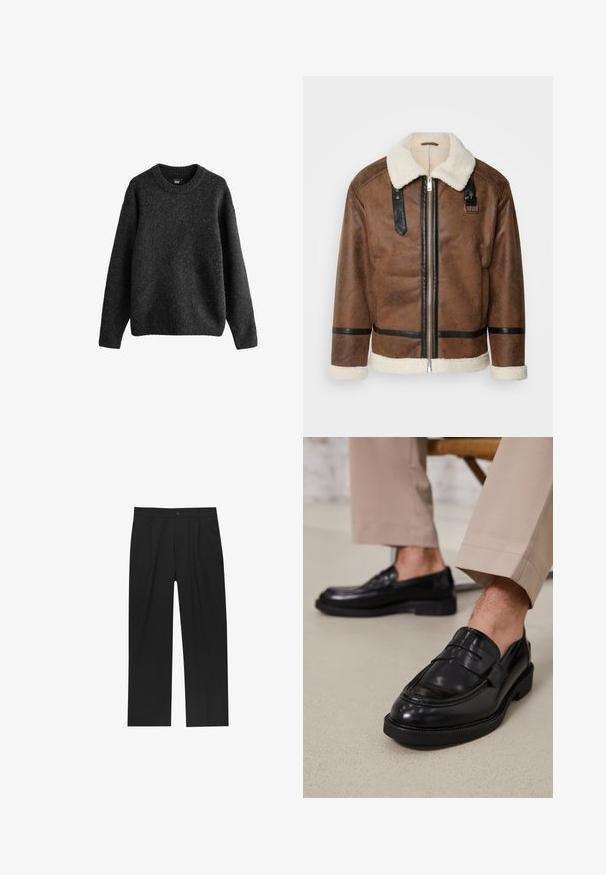 Veste en cuir marron avec des accents noirs et un col en shearling. Présente une fermeture à glissière à l'avant et des détails de sangle aux épaules. Fini texturé.; Pull gris foncé, fabriqué en un mélange de laine texturé, présentant un col rond, des manches longues et des poignets et ourlets côtelés. Design simple.; Pantalons noirs au design droit, fabriqués à partir d'un tissu lisse. Dotés de plis sur le devant et d'une fermeture à un bouton à la taille.; Mocassins en cuir noir avec une finition lisse, ornés d'une sangle décorative et de coutures contrastées, associés à un pantalon beige.