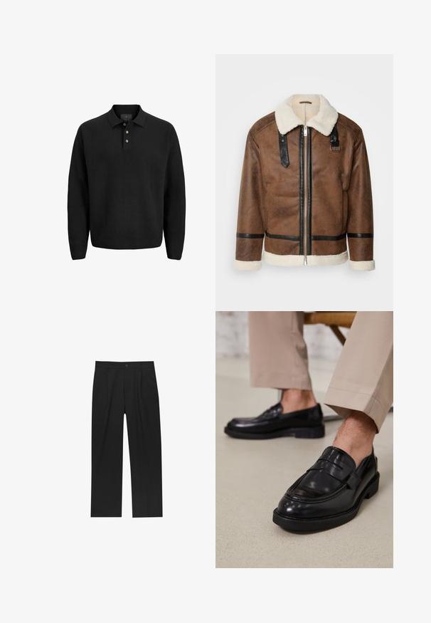 Barna bőrkabát fekete díszítéssel és báránybőr gallérral. Elülső cipzárral és vállpánt részletekkel rendelkezik. Griffes felület.; Fekete, hosszú ujjú pólóing három gombbal és gallérral, fehér háttér előtt bemutatva.; Fekete nadrág egyenes szárú kialakítással, sima anyagból készült. Elöl redők és egy gombos záródás található a derékon.; Fekete bőr loaferek sima felülettel, díszítő pánttal és kontrasztos varrással, bézs nadrággal párosítva.