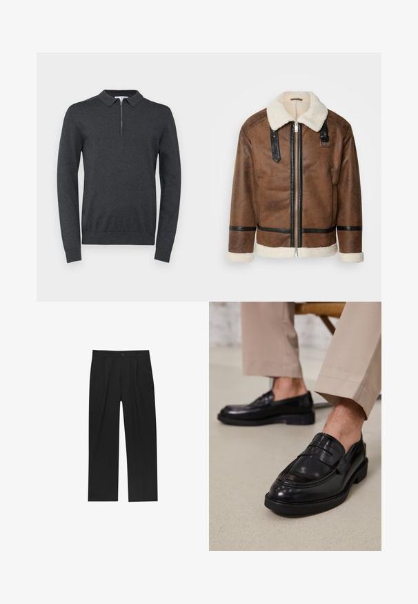 Brun läderjacka med svarta accenter och en fårskinnskrage. Har en frontdragkedja och axelremmar. Texturerad yta.; Mörkgrå tröja med dragkedja vid kragen, lång ärm, ribbade manschetter och fåll. Sftig textur, minimalistisk design.; Svarta byxor med rak ben-design, tillverkade av ett jämnt tyg. Har framfickor och en enkel knapplåsning i midjan.; Svarta läder loafers med en slät finish, prydda med en dekorativ rem och kontrastsöm, tillsammans med beiga byxor.