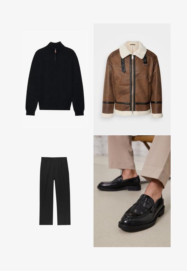 Veste en cuir marron avec des accents noirs et un col en shearling. Présente une fermeture à glissière à l'avant et des détails de sangle aux épaules. Fini texturé.; Pull noir à col haut et fermeture éclair demi-zippée, fabriqué à partir d'un tissu doux et texturé. Présente des poignets et un ourlet côtelés.; Pantalons noirs au design droit, fabriqués à partir d'un tissu lisse. Dotés de plis sur le devant et d'une fermeture à un bouton à la taille.; Mocassins en cuir noir avec une finition lisse, ornés d'une sangle décorative et de coutures contrastées, associés à un pantalon beige.