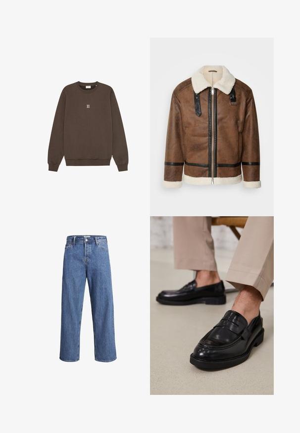 Brun lærjakke med sorte detaljer og et lammepelskrage. Har glidelås foran og skulderstroppdetalj. Teksturert finish.; Brun genser laget av bomull, med rund hals, ribbestrikkede mansjetter og en liten "II" logo sentrert på brystet. Myk tekstur.; Lyse blå denimjeans med rett ben, høy midje og minimale sømdetaljer. Stoffet har en myk, lett bleket tekstur.; Svarte skinnloafers med glatt overflate, med en dekorativ stropp og kontrastbroderi, sammen med beige bukser.
