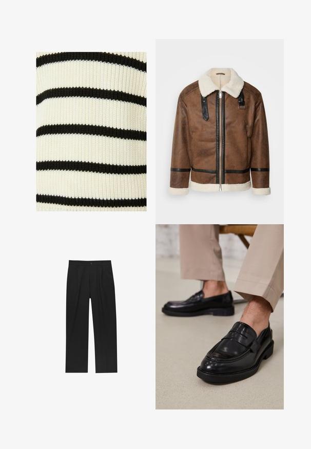 Giacca in pelle marrone con dettagli neri e colletto in pelliccia. Caratterizzata da una cerniera frontale e dettagli sulle spalle. Finitura testurizzata.; Tessuto a maglia a righe con linee orizzontali alternate in nero e crema. La trama è a coste, indicando elasticità e flessibilità.; Pantaloni neri con un design a gamba dritta, realizzati in un tessuto liscio. Presentano pieghe frontali e una chiusura a un bottone in vita.; Mocassini in pelle nera con finitura liscia, dotati di una cintura decorativa e cuciture a contrasto, abbinati a pantaloni beige.