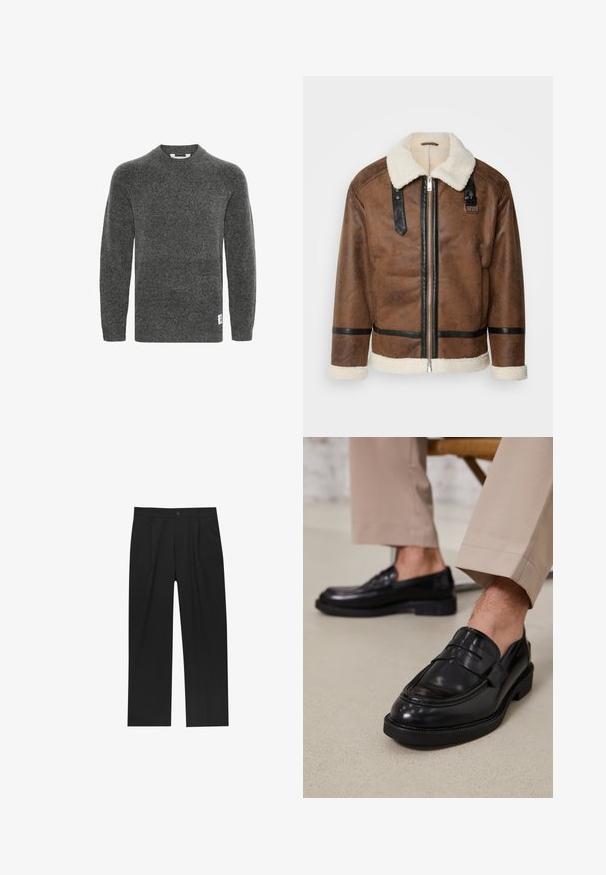 Giacca in pelle marrone con dettagli neri e colletto in pelliccia. Caratterizzata da una cerniera frontale e dettagli sulle spalle. Finitura testurizzata.; Maglione grigio in lana con maniche lunghe, scollo a girocollo e polsini a coste. Presenta un piccolo etichetta sul lato inferiore. Texture morbida.; Pantaloni neri con un design a gamba dritta, realizzati in un tessuto liscio. Presentano pieghe frontali e una chiusura a un bottone in vita.; Mocassini in pelle nera con finitura liscia, dotati di una cintura decorativa e cuciture a contrasto, abbinati a pantaloni beige.