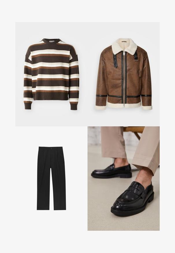 Brown leather jacket with black accents and a shearling collar. Features a front zipper and shoulder strap detail. Textured finish.; Brown and cream striped sweater with a round neckline, ribbed cuffs, and hem, featuring a relaxed fit and soft texture.; Black pants with a straight-leg design, made from a smooth fabric. Features front pleats and a single button closure at the waist.; Black leather loafers with a smooth finish, featuring a decorative strap and contrast stitching, paired with beige trousers.