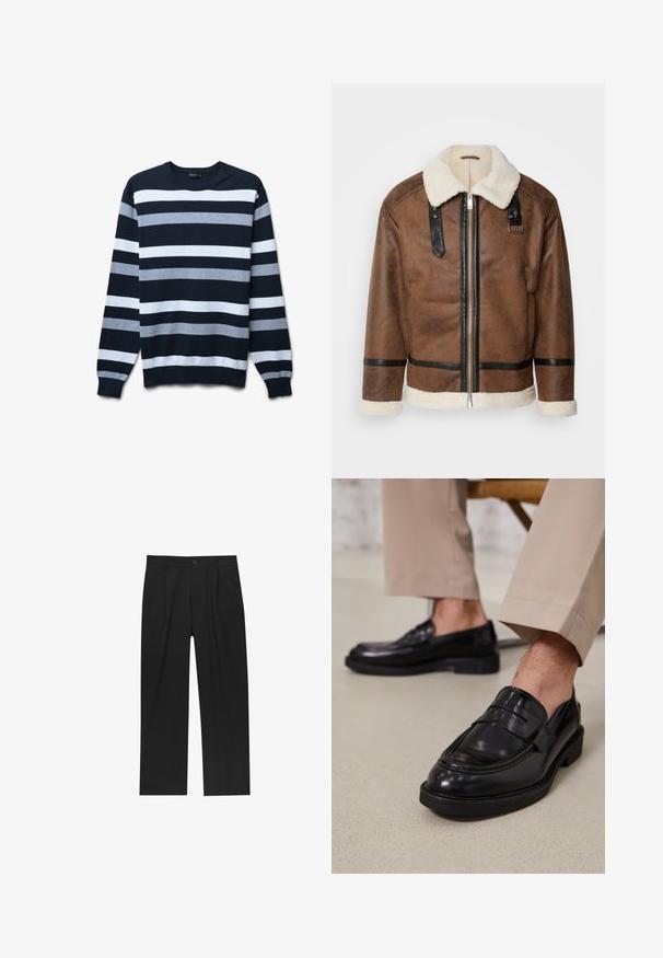 Veste en cuir marron avec des accents noirs et un col en shearling. Présente une fermeture à glissière à l'avant et des détails de sangle aux épaules. Fini texturé.; Pull bleu marine avec des rayures horizontales en gris clair et blanc. Il présente un col ras du cou et des poignets côtelés. Tissu tricoté doux.; Pantalons noirs au design droit, fabriqués à partir d'un tissu lisse. Dotés de plis sur le devant et d'une fermeture à un bouton à la taille.; Mocassins en cuir noir avec une finition lisse, ornés d'une sangle décorative et de coutures contrastées, associés à un pantalon beige.
