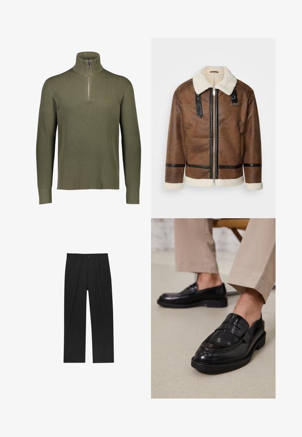 Braune Lederjacke mit schwarzen Akzenten und einem Schaffellkragen. Verfügt über einen Frontreißverschluss und einen Schulterriemen. Strukturierte Oberfläche.; Olivgrüner, gerippter Strickpullover mit hohem Kragen und Viertel-Reißverschluss. Verfügt über lange Ärmel und eine strukturierte Oberfläche.; Schwarze Hose mit geradem Schnitt, aus einem glatten Stoff gefertigt. Verfügt über Vorderfalten und einen einzelnen Knopfverschluss an der Taille.; Schwarze Lederloafers mit glatter Oberfläche, ausgestattet mit einem dekorativen Riemen und Kontrastnähten, kombiniert mit beigen Hosen.
