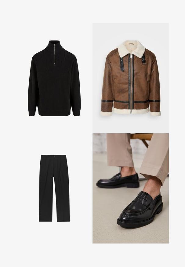 Brązowa skórzana kurtka z czarnymi akcentami i kołnierzem z wełny owczej. Posiada zamek błyskawiczny z przodu i detale na pasku na ramieniu. Teksturowana powierzchnia.; Czarny sweter z golfem, z dzianiny prążkowanej, z półsuwnym zamkiem, długimi rękawami i luźnym krojem. Teksturowana dzianina w jednolitym kolorze.; Czarne spodnie o prostym kroju, wykonane z gładkiego materiału. Posiadają zakładki z przodu i pojedyncze zapięcie na guziki w pasie.; Czarne skórzane mokasyny o gładkim wykończeniu, z dekoracyjnym paskiem i kontrastowym szwem, w połączeniu z beżowymi spodniami.
