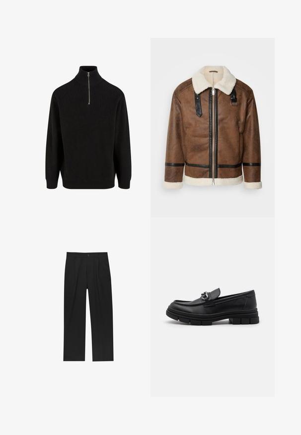 Braune Lederjacke mit schwarzen Akzenten und einem Schaffellkragen. Verfügt über einen Frontreißverschluss und einen Schulterriemen. Strukturierte Oberfläche.; Schwarzer gerippter Rollkragenpullover mit einem halben Reißverschluss, langen Ärmeln und einer lockeren Passform. Strukturierte Strickware in einfarbigem Design.; Schwarze Hose mit geradem Schnitt, aus einem glatten Stoff gefertigt. Verfügt über Vorderfalten und einen einzelnen Knopfverschluss an der Taille.; Schwarzer Lederloafer mit runder Zehenform, einem dekorativen Riemen und Hardware sowie einer robusten, strukturierten Sohle. Glatte Oberfläche mit dezenten Details.