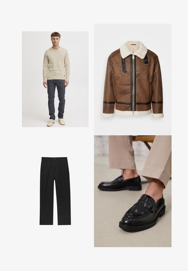 Bruineleren jas met zwarte accenten en een schapenvachtkraag. Heeft een rits aan de voorkant en schouderbanddetails. Gestructureerde afwerking.; Beige, gestructureerde V-hals trui met lange mouwen, gecombineerd met donkere, slim-fit broek en lichtgekleurde sneakers. Opvallende stikdetails.; Zwarte broeken met een recht model, gemaakt van een gladde stof. Voorzien van een voorplooien en een enkele knoopsluiting bij de taille.; Zwarte leren loafers met een gladde afwerking, voorzien van een decoratieve band en contrasterende stiksels, gecombineerd met beige broeken.