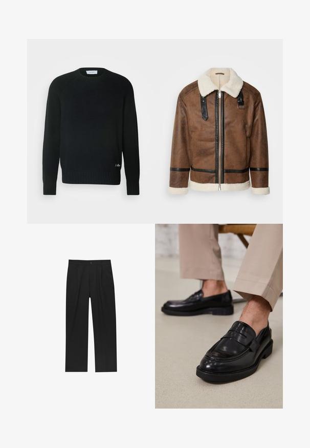 Brązowa skórzana kurtka z czarnymi akcentami i kołnierzem z wełny owczej. Posiada zamek błyskawiczny z przodu i detale na pasku na ramieniu. Teksturowana powierzchnia.; Les Deux BRAD czarny; Czarne spodnie o prostym kroju, wykonane z gładkiego materiału. Posiadają zakładki z przodu i pojedyncze zapięcie na guziki w pasie.; Czarne skórzane mokasyny o gładkim wykończeniu, z dekoracyjnym paskiem i kontrastowym szwem, w połączeniu z beżowymi spodniami.