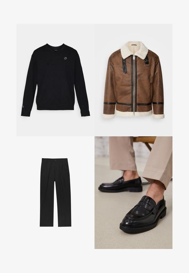 Giacca in pelle marrone con dettagli neri e colletto in pelliccia. Caratterizzata da una cerniera frontale e dettagli sulle spalle. Finitura testurizzata.; Maglione nero a scollo a V realizzato in tessuto morbido, con maniche lunghe. Sul petto sinistro c'è un piccolo logo circolare; ricamo sottile sulla manica sinistra.; Pantaloni neri con un design a gamba dritta, realizzati in un tessuto liscio. Presentano pieghe frontali e una chiusura a un bottone in vita.; Mocassini in pelle nera con finitura liscia, dotati di una cintura decorativa e cuciture a contrasto, abbinati a pantaloni beige.