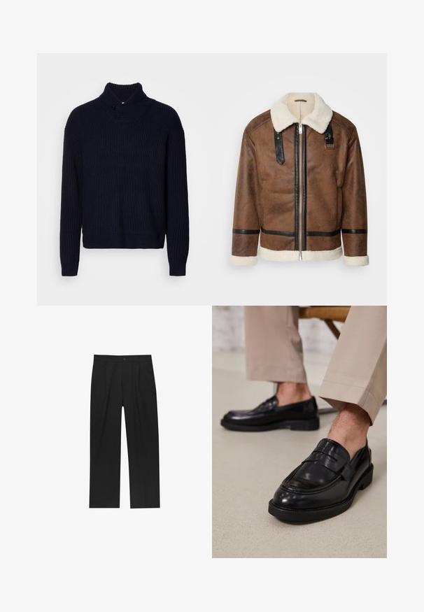 Giacca in pelle marrone con dettagli neri e colletto in pelliccia. Caratterizzata da una cerniera frontale e dettagli sulle spalle. Finitura testurizzata.; Filippa K SHAWL COLLAR - Maglione - navy; Pantaloni neri con un design a gamba dritta, realizzati in un tessuto liscio. Presentano pieghe frontali e una chiusura a un bottone in vita.; Mocassini in pelle nera con finitura liscia, dotati di una cintura decorativa e cuciture a contrasto, abbinati a pantaloni beige.