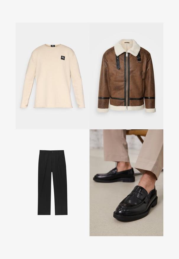 Brązowa skórzana kurtka z czarnymi akcentami i kołnierzem z wełny owczej. Posiada zamek błyskawiczny z przodu i detale na pasku na ramieniu. Teksturowana powierzchnia.; Beżowy sweter z długim rękawem, dzianinowy, z okrągłym dekoltem i małą czarną naszywką z logo po lewej stronie klatki piersiowej.; Czarne spodnie o prostym kroju, wykonane z gładkiego materiału. Posiadają zakładki z przodu i pojedyncze zapięcie na guziki w pasie.; Czarne skórzane mokasyny o gładkim wykończeniu, z dekoracyjnym paskiem i kontrastowym szwem, w połączeniu z beżowymi spodniami.