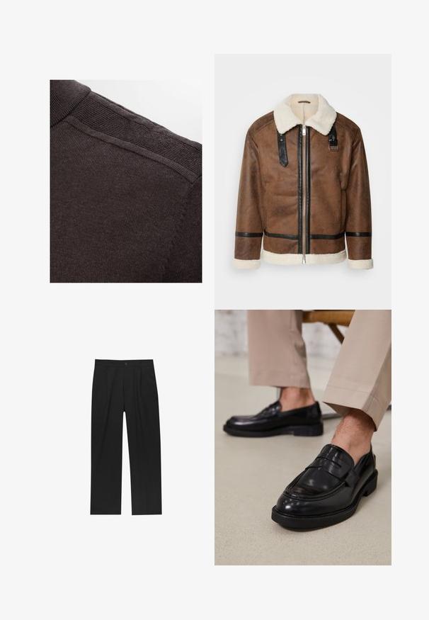 Brun läderjacka med svarta accenter och en fårskinnskrage. Har en frontdragkedja och axelremmar. Texturerad yta.; Selected Homme SLHBERG HALF ZIP - Stickad tröja - chocolate torte; Svarta byxor med rak ben-design, tillverkade av ett jämnt tyg. Har framfickor och en enkel knapplåsning i midjan.; Svarta läder loafers med en slät finish, prydda med en dekorativ rem och kontrastsöm, tillsammans med beiga byxor.