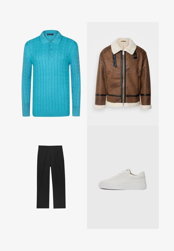 Brun læderjakke med sorte akcenter og en shearlingkrave. Har en frontlynlås og skulderremdetaljer. Tekstureret overflade.; Turkisblå strikket pullover med kabelmønster, ribbet manchetter og kant samt en klassisk polo-krave med to knapper.; Sort kortærmet T-shirt lavet af bomuld, med rund hals og et lille logo broderet på brystet. Glat tekstur, standard pasform.; Sorte bukser med lige ben, lavet af et glat stof. Har frontfolder og en enkelt knaplukning i taljen.; Hvide læder sneakers med lav skæft, rund tå, flad hvid gummisål og minimalistisk sømdetalje. Snørebånd sikret gennem seks snørrehuller.