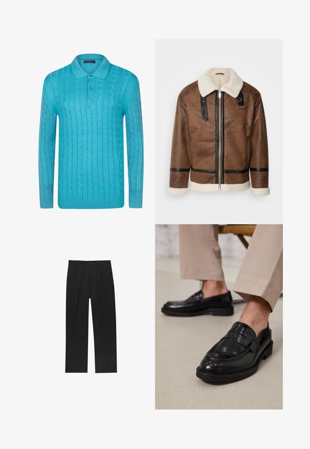 Brown leather jacket with black accents and a shearling collar. Features a front zipper and shoulder strap detail. Textured finish.; Turquoise knitted pullover with a cable design, ribbed cuffs and hem, and a classic polo collar featuring two buttons.; Black pants with a straight-leg design, made from a smooth fabric. Features front pleats and a single button closure at the waist.; Black leather loafers with a smooth finish, featuring a decorative strap and contrast stitching, paired with beige trousers.