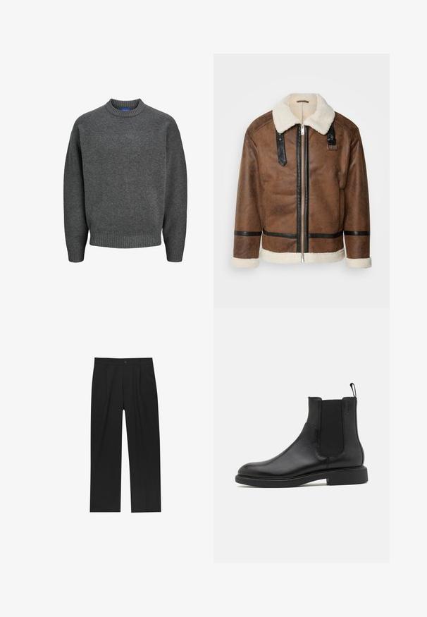 Hnědá kožená bunda s černými akcenty a límcem z ovčí vlny. Obsahuje přední zip a detaily na ramenním popruhu. Texturovaný povrch.; Jack & Jones JOROLLIE CREW NECK - Svetr - iron gate; Černé kalhoty s rovnými nohavicemi, vyrobené z hladké tkaniny. Mají přední záhyby a jedno knoflíkové zapínání v pase.; Černá kožená kotníková bota s hladkým povrchem, elastickými bočními panely a poutkem. Kulatá špička a plochá gumová podrážka s minimálním vzorkem.
