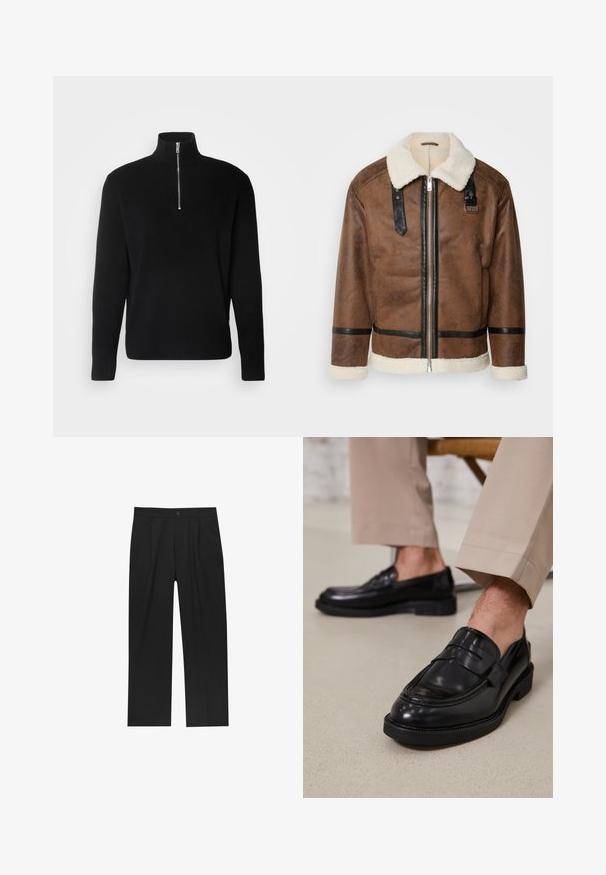 Ruskea nahkatakki mustilla yksityiskohdilla ja lämmittävällä karvatäkilla. Varustettu edessä vetoketjulla ja olkapäähihnalla. Rakenteellinen pinta.; Lindbergh HALF ZIP - Neule - black; Mustat housut suoranlahkeisella muotoilulla, valmistettu sileästä kankaasta. Ominaisuuksiin kuuluu etupleateet ja yksi nappikiinnitys vyötäröllä.; Musta nahkakengät, joissa on sileä pinta, koristetasku ja kontrastisomistus, yhdistettynä vaaleanbeigeihin housuihin.