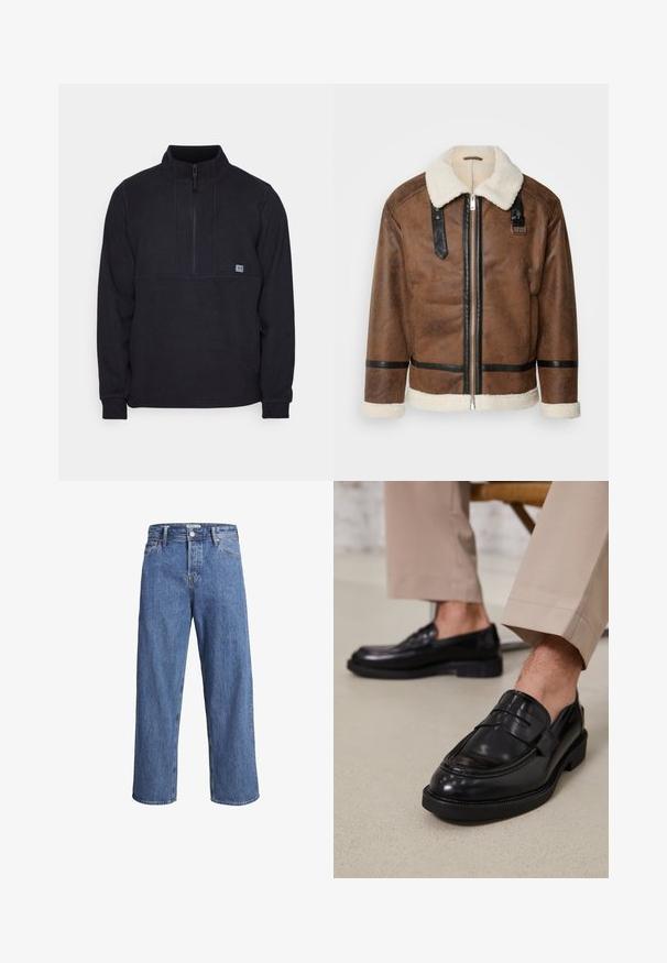 Braune Lederjacke mit schwarzen Akzenten und einem Schaffellkragen. Verfügt über einen Frontreißverschluss und einen Schulterriemen. Strukturierte Oberfläche.; Schwarzer Fleece-Pullover mit einem Halbfreiheit-Kragen, der eine Brustnahtdetail und ein kleines Logo auf der linken Seite aufweist. Weicher Stoff, lange Ärmel.; Hellblaue Denim-Jeans mit geradem Bein, hohem Bund und minimalen Nähdetails. Der Stoff hat eine weiche, leicht ausgewaschene Textur.; Schwarze Lederloafers mit glatter Oberfläche, ausgestattet mit einem dekorativen Riemen und Kontrastnähten, kombiniert mit beigen Hosen.