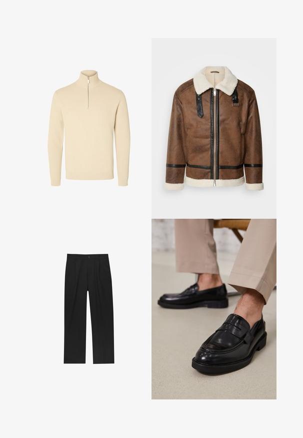 Barna bőrkabát fekete díszítéssel és báránybőr gallérral. Elülső cipzárral és vállpánt részletekkel rendelkezik. Griffes felület.; Beige, bordázott kötött pulóver magas gallérral és félig hosszú cipzárral. Hosszú ujjak és szűkített szegély jellemzi.; Fekete nadrág egyenes szárú kialakítással, sima anyagból készült. Elöl redők és egy gombos záródás található a derékon.; Fekete bőr loaferek sima felülettel, díszítő pánttal és kontrasztos varrással, bézs nadrággal párosítva.