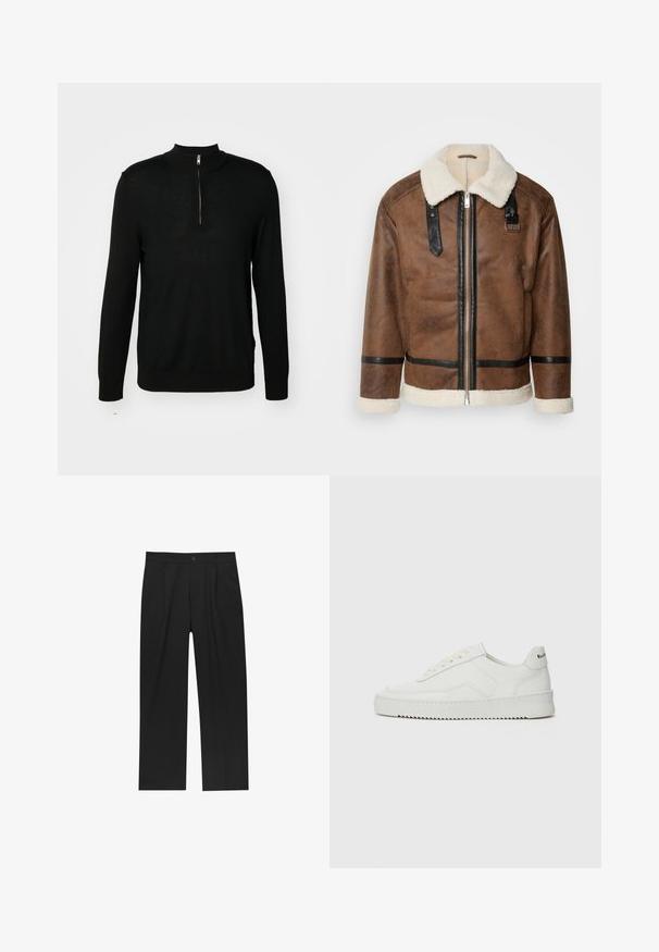 Braune Lederjacke mit schwarzen Akzenten und einem Schaffellkragen. Verfügt über einen Frontreißverschluss und einen Schulterriemen. Strukturierte Oberfläche.; Schwarzer gestrickter Pullover mit hohem Kragen und halber Reißverschlussöffnung. Lange Ärmel und eine taillierte Passform, mit einer glatten Textur und minimaler Detailierung.; Schwarzes T-Shirt mit kurzen Ärmeln aus Baumwolle, mit Rundhalsausschnitt und einem kleinen, auf der Brust gestickten Logo. Glatte Textur, normale Passform.; Schwarze Hose mit geradem Schnitt, aus einem glatten Stoff gefertigt. Verfügt über Vorderfalten und einen einzelnen Knopfverschluss an der Taille.; Weiße Ledersneaker mit glatter Oberfläche, runder Zehenpartie, flachen Schnürsenkeln und strukturiertem Sohlenprofil. Mit einem dezenten Logo an der Ferse.