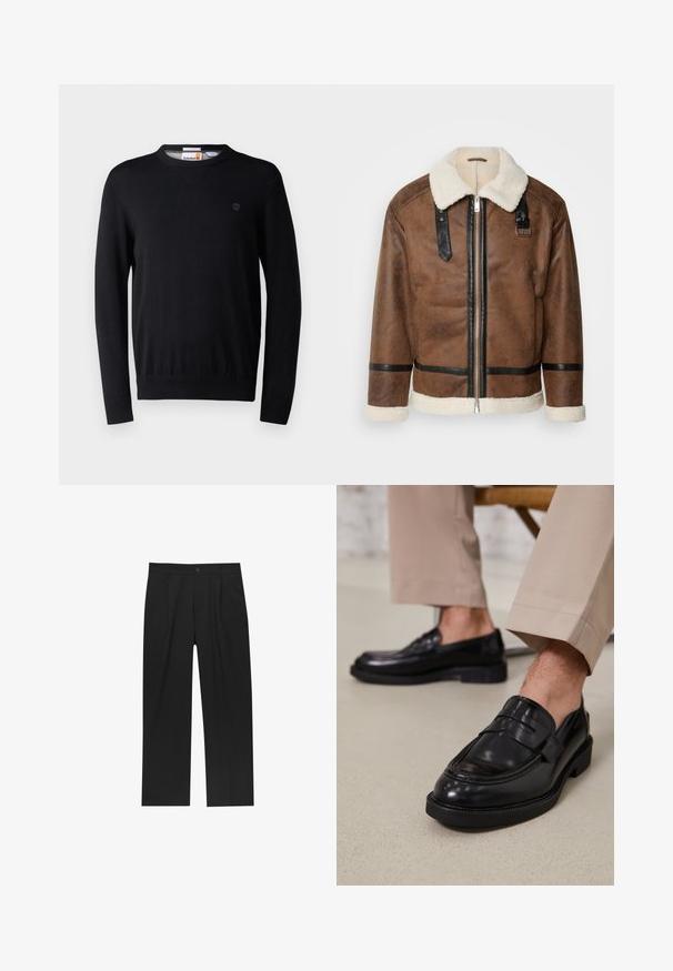 Brun läderjacka med svarta accenter och en fårskinnskrage. Har en frontdragkedja och axelremmar. Texturerad yta.; Svart stickad tröja med rund halsringning, långa ärmar, ribbade mudd och nederkant, samt en liten logodetalj på bröstet. Mjuk textur.; Svarta byxor med rak ben-design, tillverkade av ett jämnt tyg. Har framfickor och en enkel knapplåsning i midjan.; Svarta läder loafers med en slät finish, prydda med en dekorativ rem och kontrastsöm, tillsammans med beiga byxor.