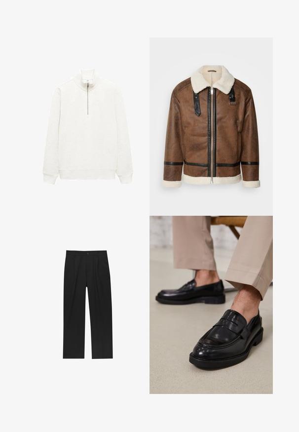 Brown leather jacket with black accents and a shearling collar. Features a front zipper and shoulder strap detail. Textured finish.; Mango WINNE - Sweatshirt - off-white; Black pants with a straight-leg design, made from a smooth fabric. Features front pleats and a single button closure at the waist.; Black leather loafers with a smooth finish, featuring a decorative strap and contrast stitching, paired with beige trousers.