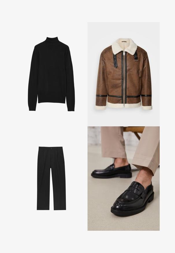 Braune Lederjacke mit schwarzen Akzenten und einem Schaffellkragen. Verfügt über einen Frontreißverschluss und einen Schulterriemen. Strukturierte Oberfläche.; Schwarzer Rollkragenpullover aus weichem, strukturiertem Stoff. Mit langen Ärmeln und einem figurschmeichelnden hohen Kragen, in einem klaren, minimalistischen Design.; Schwarze Hose mit geradem Schnitt, aus einem glatten Stoff gefertigt. Verfügt über Vorderfalten und einen einzelnen Knopfverschluss an der Taille.; Schwarze Lederloafers mit glatter Oberfläche, ausgestattet mit einem dekorativen Riemen und Kontrastnähten, kombiniert mit beigen Hosen.