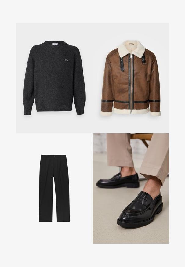 Ruskea nahkatakki mustilla yksityiskohdilla ja lämmittävällä karvatäkilla. Varustettu edessä vetoketjulla ja olkapäähihnalla. Rakenteellinen pinta.; Lacoste Neule - bitume neps; Mustat housut suoranlahkeisella muotoilulla, valmistettu sileästä kankaasta. Ominaisuuksiin kuuluu etupleateet ja yksi nappikiinnitys vyötäröllä.; Musta nahkakengät, joissa on sileä pinta, koristetasku ja kontrastisomistus, yhdistettynä vaaleanbeigeihin housuihin.