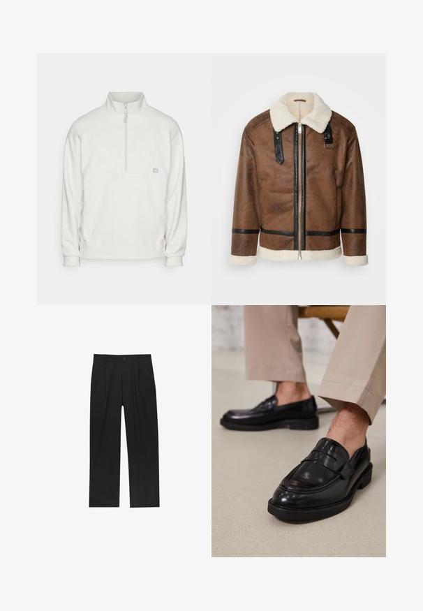 Braune Lederjacke mit schwarzen Akzenten und einem Schaffellkragen. Verfügt über einen Frontreißverschluss und einen Schulterriemen. Strukturierte Oberfläche.; Weißer Fleece-Pullover mit einem Halbreißverschluss-Kragen. Verfügt über ein rechteckiges Brustpaneel und ein kleines Logo auf der linken Seite. Weiche Textur.; Schwarze Hose mit geradem Schnitt, aus einem glatten Stoff gefertigt. Verfügt über Vorderfalten und einen einzelnen Knopfverschluss an der Taille.; Schwarze Lederloafers mit glatter Oberfläche, ausgestattet mit einem dekorativen Riemen und Kontrastnähten, kombiniert mit beigen Hosen.