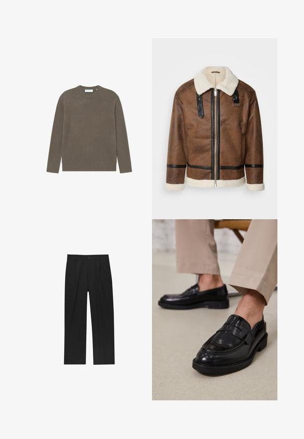 Bruineleren jas met zwarte accenten en een schapenvachtkraag. Heeft een rits aan de voorkant en schouderbanddetails. Gestructureerde afwerking.; Geribbelde gebreide trui in aardse bruintint, met een ronde halslijn en lange mouwen, een gestructureerde afwerking en een subtiele merklabel.; Zwarte broeken met een recht model, gemaakt van een gladde stof. Voorzien van een voorplooien en een enkele knoopsluiting bij de taille.; Zwarte leren loafers met een gladde afwerking, voorzien van een decoratieve band en contrasterende stiksels, gecombineerd met beige broeken.