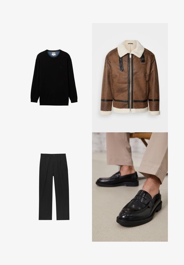 Ruskea nahkatakki mustilla yksityiskohdilla ja lämmittävällä karvatäkilla. Varustettu edessä vetoketjulla ja olkapäähihnalla. Rakenteellinen pinta.; Musta pitkähihaiseksi neulotuksi neuleeksi, jossa on pyöreä pääntie. Ominaisuuksiin kuuluu hienovarainen logo rinnassa ja kontrastivärinen sisäkaulus.; Mustat housut suoranlahkeisella muotoilulla, valmistettu sileästä kankaasta. Ominaisuuksiin kuuluu etupleateet ja yksi nappikiinnitys vyötäröllä.; Musta nahkakengät, joissa on sileä pinta, koristetasku ja kontrastisomistus, yhdistettynä vaaleanbeigeihin housuihin.