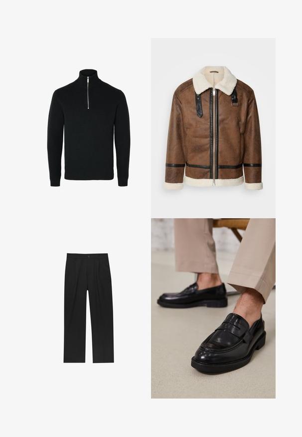 Barna bőrkabát fekete díszítéssel és báránybőr gallérral. Elülső cipzárral és vállpánt részletekkel rendelkezik. Griffes felület.; Fekete kötött zip-záras pulóver texturált mintával, elülső zip-záras kialakítással és bordás mandzsettákkal és aljjal.; Fekete nadrág egyenes szárú kialakítással, sima anyagból készült. Elöl redők és egy gombos záródás található a derékon.; Fekete bőr loaferek sima felülettel, díszítő pánttal és kontrasztos varrással, bézs nadrággal párosítva.