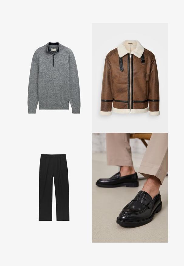 Brun läderjacka med svarta accenter och en fårskinnskrage. Har en frontdragkedja och axelremmar. Texturerad yta.; Grå tröja med dragkedja i kragen, med ett texturerat stickat mönster och en blå accent i fållen med en logodetalj.; Svarta byxor med rak ben-design, tillverkade av ett jämnt tyg. Har framfickor och en enkel knapplåsning i midjan.; Svarta läder loafers med en slät finish, prydda med en dekorativ rem och kontrastsöm, tillsammans med beiga byxor.