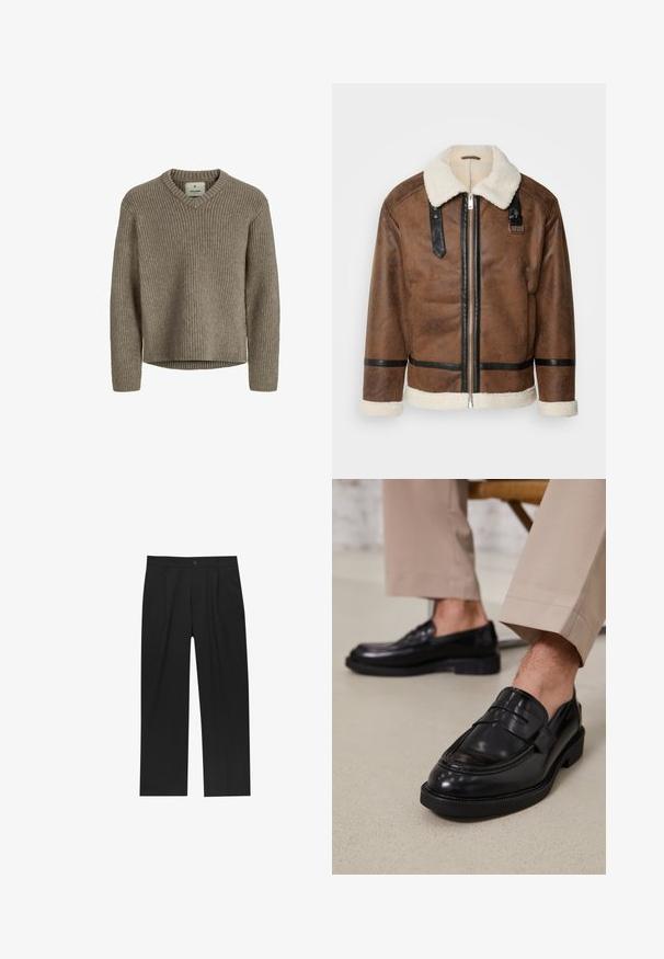 Braune Lederjacke mit schwarzen Akzenten und einem Schaffellkragen. Verfügt über einen Frontreißverschluss und einen Schulterriemen. Strukturierte Oberfläche.; Beige, gerippter Strickpullover mit V-Ausschnitt und langen Ärmeln. Weiche Textur, lockere Passform und gerader Saum ohne Seitenschlitze.; Schwarze Hose mit geradem Schnitt, aus einem glatten Stoff gefertigt. Verfügt über Vorderfalten und einen einzelnen Knopfverschluss an der Taille.; Schwarze Lederloafers mit glatter Oberfläche, ausgestattet mit einem dekorativen Riemen und Kontrastnähten, kombiniert mit beigen Hosen.