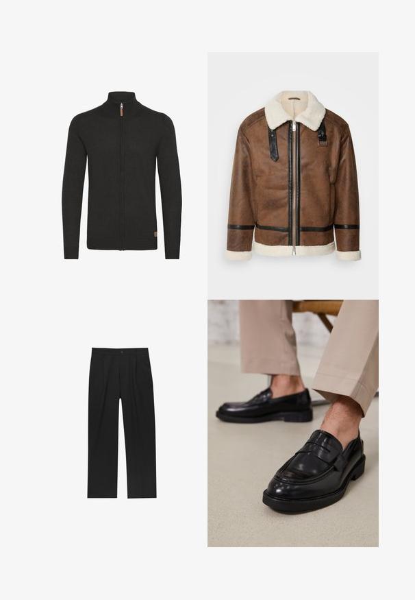 Bruineleren jas met zwarte accenten en een schapenvachtkraag. Heeft een rits aan de voorkant en schouderbanddetails. Gestructureerde afwerking.; Zwarte zip-up cardigan met een hoge ribgebreide kraag, textuur gebreide stof, ribgebreide manchet en zoom, en een klein leren label aan de onderzijde.; Zwarte broeken met een recht model, gemaakt van een gladde stof. Voorzien van een voorplooien en een enkele knoopsluiting bij de taille.; Zwarte leren loafers met een gladde afwerking, voorzien van een decoratieve band en contrasterende stiksels, gecombineerd met beige broeken.