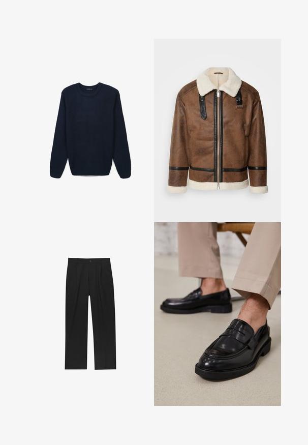 Braune Lederjacke mit schwarzen Akzenten und einem Schaffellkragen. Verfügt über einen Frontreißverschluss und einen Schulterriemen. Strukturierte Oberfläche.; Dunkelblauer Strickpullover mit Rundhalsausschnitt und langen Ärmeln, der ein strukturiertes Muster sowie gerippte Ärmelbündchen und Saum aufweist.; Schwarze Hose mit geradem Schnitt, aus einem glatten Stoff gefertigt. Verfügt über Vorderfalten und einen einzelnen Knopfverschluss an der Taille.; Schwarze Lederloafers mit glatter Oberfläche, ausgestattet mit einem dekorativen Riemen und Kontrastnähten, kombiniert mit beigen Hosen.