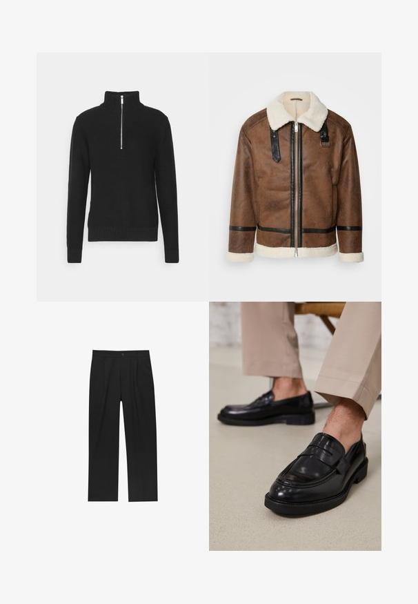 Barna bőrkabát fekete díszítéssel és báránybőr gallérral. Elülső cipzárral és vállpánt részletekkel rendelkezik. Griffes felület.; Fekete kötött pulóver magas gallérral, cipzáras záródással, bordás mandzsettákkal és aljjal, sima textúrával és testhezálló sziluettel.; Fekete nadrág egyenes szárú kialakítással, sima anyagból készült. Elöl redők és egy gombos záródás található a derékon.; Fekete bőr loaferek sima felülettel, díszítő pánttal és kontrasztos varrással, bézs nadrággal párosítva.