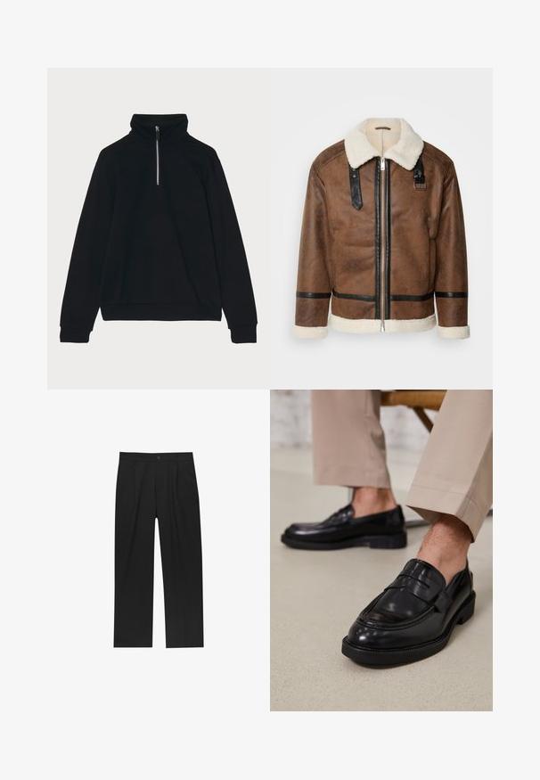 Bruineleren jas met zwarte accenten en een schapenvachtkraag. Heeft een rits aan de voorkant en schouderbanddetails. Gestructureerde afwerking.; GCDS ESSENTIALS HALF ZIP - Sweater - black; Zwarte broeken met een recht model, gemaakt van een gladde stof. Voorzien van een voorplooien en een enkele knoopsluiting bij de taille.; Zwarte leren loafers met een gladde afwerking, voorzien van een decoratieve band en contrasterende stiksels, gecombineerd met beige broeken.