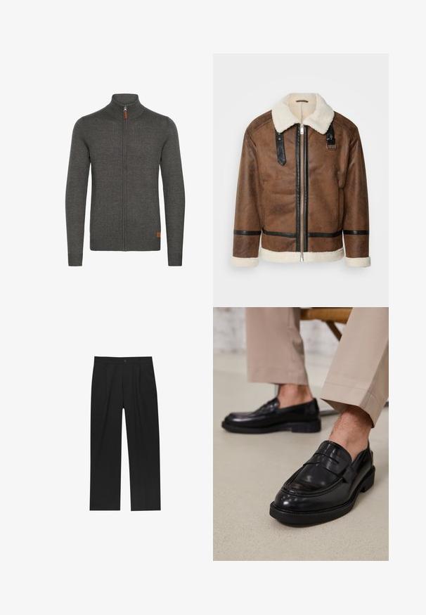 Veste en cuir marron avec des accents noirs et un col en shearling. Présente une fermeture à glissière à l'avant et des détails de sangle aux épaules. Fini texturé.; Sweat-shirt zippé gris avec un col haut, texture côtelée, et un petit accent en cuir en bas à gauche. Manches longues et design ajusté.; Pantalons noirs au design droit, fabriqués à partir d'un tissu lisse. Dotés de plis sur le devant et d'une fermeture à un bouton à la taille.; Mocassins en cuir noir avec une finition lisse, ornés d'une sangle décorative et de coutures contrastées, associés à un pantalon beige.