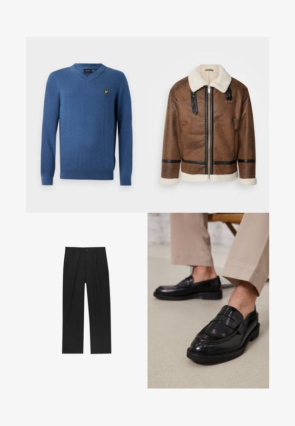 Barna bőrkabát fekete díszítéssel és báránybőr gallérral. Elülső cipzárral és vállpánt részletekkel rendelkezik. Griffes felület.; Férfi kék V-nyakú pulóver hosszú ujjal, sárga madárlogóval hímzéssel a bal mellkason.; Fekete nadrág egyenes szárú kialakítással, sima anyagból készült. Elöl redők és egy gombos záródás található a derékon.; Fekete bőr loaferek sima felülettel, díszítő pánttal és kontrasztos varrással, bézs nadrággal párosítva.