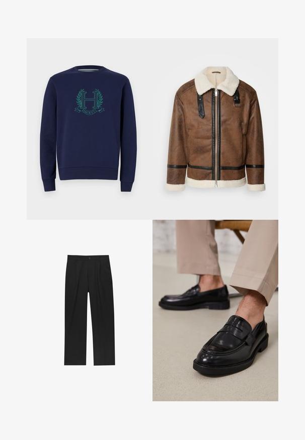 Giacca in pelle marrone con dettagli neri e colletto in pelliccia. Caratterizzata da una cerniera frontale e dettagli sulle spalle. Finitura testurizzata.; Felpa blu navy in cotone, con un logo verde in rilievo che presenta una "H" e decorazioni di alloro. Collo a giroclassico e polsini aderenti.; Pantaloni neri con un design a gamba dritta, realizzati in un tessuto liscio. Presentano pieghe frontali e una chiusura a un bottone in vita.; Mocassini in pelle nera con finitura liscia, dotati di una cintura decorativa e cuciture a contrasto, abbinati a pantaloni beige.