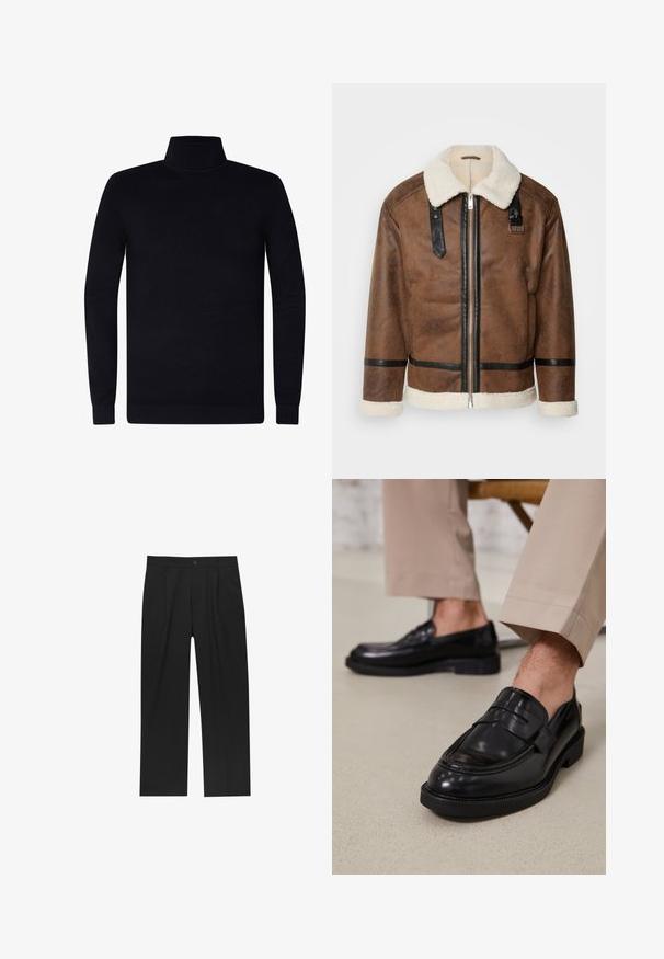 Brown leather jacket with black accents and a shearling collar. Features a front zipper and shoulder strap detail. Textured finish.; Black turtleneck sweater, ribbed cuffs and collar, soft knit fabric, lightweight design, long sleeves, no visible branding or patterns.; Black pants with a straight-leg design, made from a smooth fabric. Features front pleats and a single button closure at the waist.; Black leather loafers with a smooth finish, featuring a decorative strap and contrast stitching, paired with beige trousers.