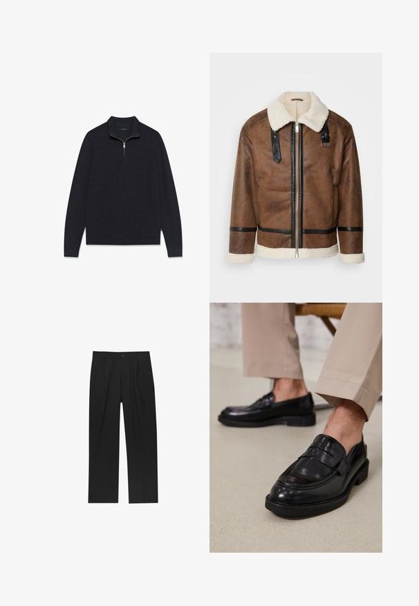 Barna bőrkabát fekete díszítéssel és báránybőr gallérral. Elülső cipzárral és vállpánt részletekkel rendelkezik. Griffes felület.; Sötétszürke pulóver, texturált anyagból készült, félzippes gallérral és hosszú ujjakkal, bordázott szegéllyel és mandzsettákkal.; Fekete nadrág egyenes szárú kialakítással, sima anyagból készült. Elöl redők és egy gombos záródás található a derékon.; Fekete bőr loaferek sima felülettel, díszítő pánttal és kontrasztos varrással, bézs nadrággal párosítva.