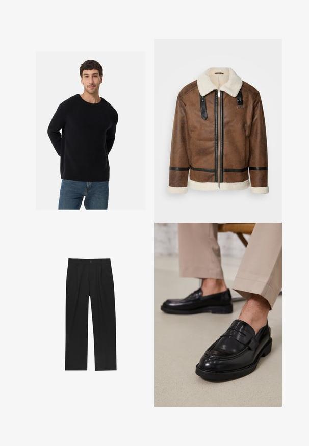 Brun läderjacka med svarta accenter och en fårskinnskrage. Har en frontdragkedja och axelremmar. Texturerad yta.; Svart ribbad tröja med rund halsringning och avslappnad passform. Mjuk textur, långa ärmar, kombinerad med blå jeans.; Svarta byxor med rak ben-design, tillverkade av ett jämnt tyg. Har framfickor och en enkel knapplåsning i midjan.; Svarta läder loafers med en slät finish, prydda med en dekorativ rem och kontrastsöm, tillsammans med beiga byxor.