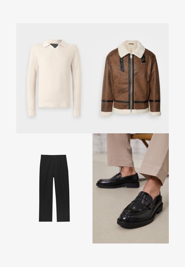 Brązowa skórzana kurtka z czarnymi akcentami i kołnierzem z wełny owczej. Posiada zamek błyskawiczny z przodu i detale na pasku na ramieniu. Teksturowana powierzchnia.; Sweter z dzianiny w jasnym beżu, z kontrastowym białym kołnierzykiem, teksturowanym wzorem oraz ściągaczami przy mankietach i hemie.; Czarne spodnie o prostym kroju, wykonane z gładkiego materiału. Posiadają zakładki z przodu i pojedyncze zapięcie na guziki w pasie.; Czarne skórzane mokasyny o gładkim wykończeniu, z dekoracyjnym paskiem i kontrastowym szwem, w połączeniu z beżowymi spodniami.