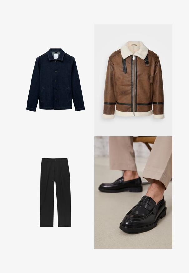 Braune Lederjacke mit schwarzen Akzenten und einem Schaffellkragen. Verfügt über einen Frontreißverschluss und einen Schulterriemen. Strukturierte Oberfläche.; Dunkelblaue Jeansjacke mit Kragen, Knopfleiste, zwei seitlichen Taschen und geradem Saum. Texturiertes Material mit klassischem, lässigem Design.; Schwarze Hose mit geradem Schnitt, aus einem glatten Stoff gefertigt. Verfügt über Vorderfalten und einen einzelnen Knopfverschluss an der Taille.; Schwarze Lederloafers mit glatter Oberfläche, ausgestattet mit einem dekorativen Riemen und Kontrastnähten, kombiniert mit beigen Hosen.