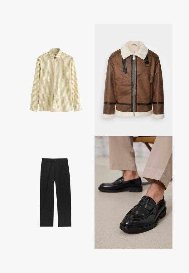 Bruineleren jas met zwarte accenten en een schapenvachtkraag. Heeft een rits aan de voorkant en schouderbanddetails. Gestructureerde afwerking.; Lichtgele overhemd met verticale witte en donkergele strepen, lange mouwen en een klassieke kraag. Gladde stofstructuur.; Zwarte broeken met een recht model, gemaakt van een gladde stof. Voorzien van een voorplooien en een enkele knoopsluiting bij de taille.; Zwarte leren loafers met een gladde afwerking, voorzien van een decoratieve band en contrasterende stiksels, gecombineerd met beige broeken.