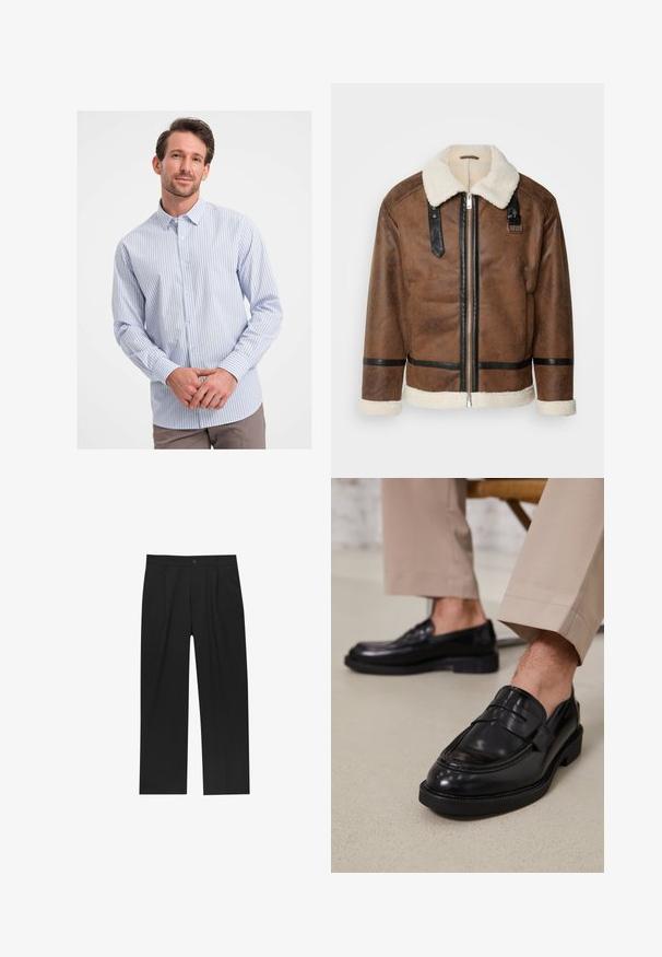 Giacca in pelle marrone con dettagli neri e colletto in pelliccia. Caratterizzata da una cerniera frontale e dettagli sulle spalle. Finitura testurizzata.; Camicia a righe blu e bianche in tessuto di cotone. Presenta un colletto a punta e maniche lunghe con polsini a bottone. Texture morbida.; Pantaloni neri con un design a gamba dritta, realizzati in un tessuto liscio. Presentano pieghe frontali e una chiusura a un bottone in vita.; Mocassini in pelle nera con finitura liscia, dotati di una cintura decorativa e cuciture a contrasto, abbinati a pantaloni beige.